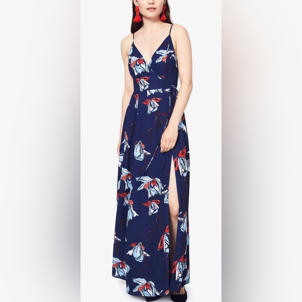 fame and partners navy floral wrap dress with side slit
